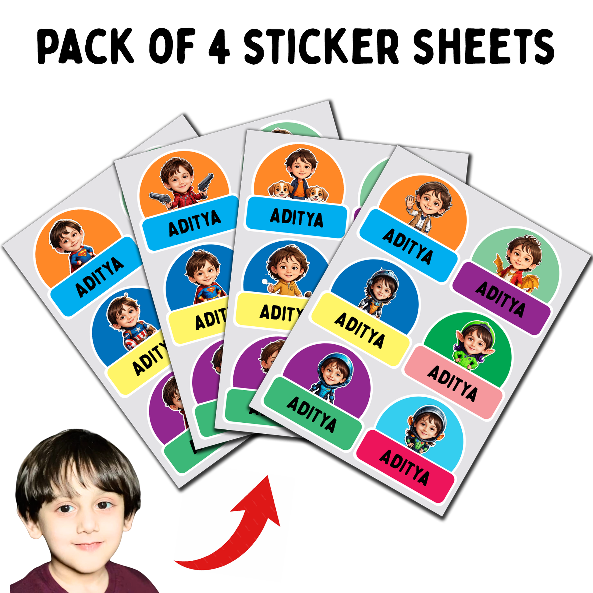Personalized Name Stickers with Avatar – Pack of 4 Sticker Sheets (5x8 inch)