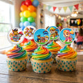 Paw Patrol Character cupcake toppers on decorated cupcakes