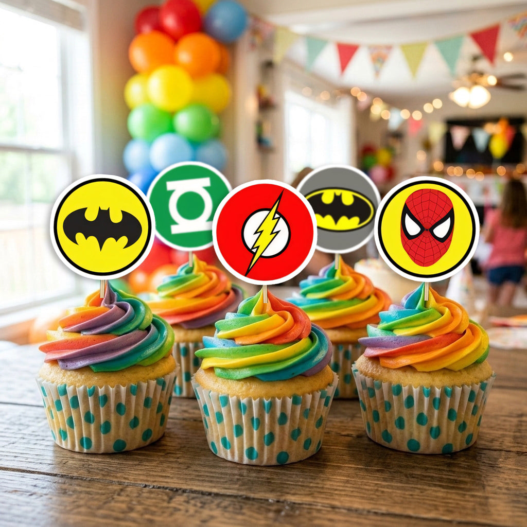 Superhero Logo cupcake toppers on decorated cupcakes