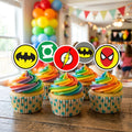 Superhero Logo cupcake toppers on decorated cupcakes