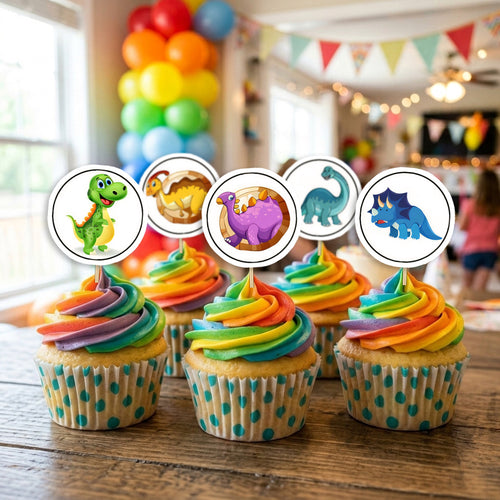 Dinosaur cupcake toppers on decorated cupcakes