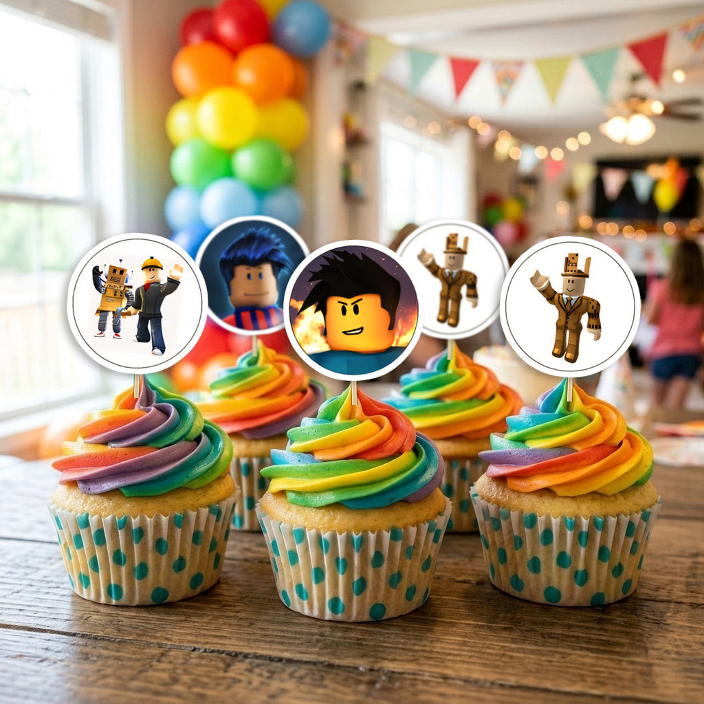 Roblox cupcake toppers on decorated cupcakes