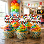 Happy Birthday cupcake toppers on decorated cupcakes