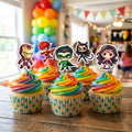 Superhero cupcake toppers on decorated cupcakes
