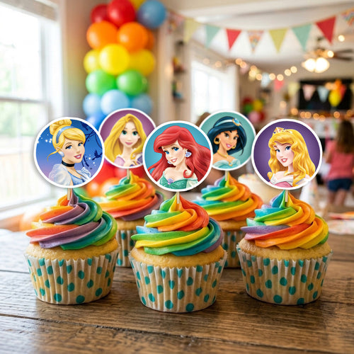 Disney Princess cupcake toppers on decorated cupcakes