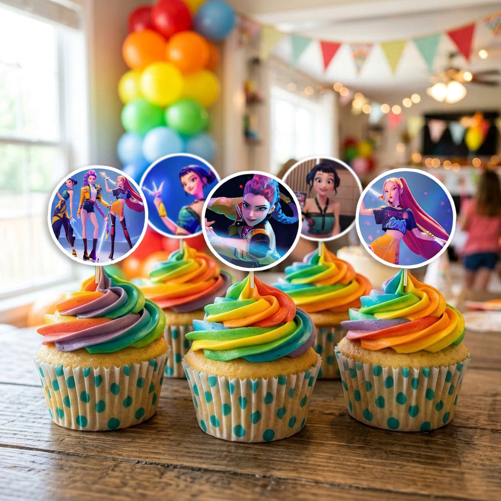 Kpop Demon Hunters cupcake toppers on decorated cupcakes