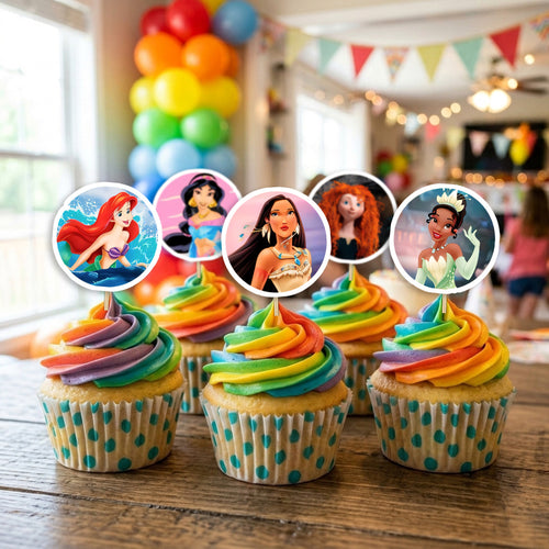 Disney Princess cupcake toppers on decorated cupcakes
