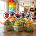 Spiderman cupcake toppers on decorated cupcakes