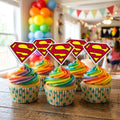 Superman Logo Theme cupcake toppers on decorated cupcakes
