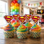 Superman Logo Theme cupcake toppers on decorated cupcakes