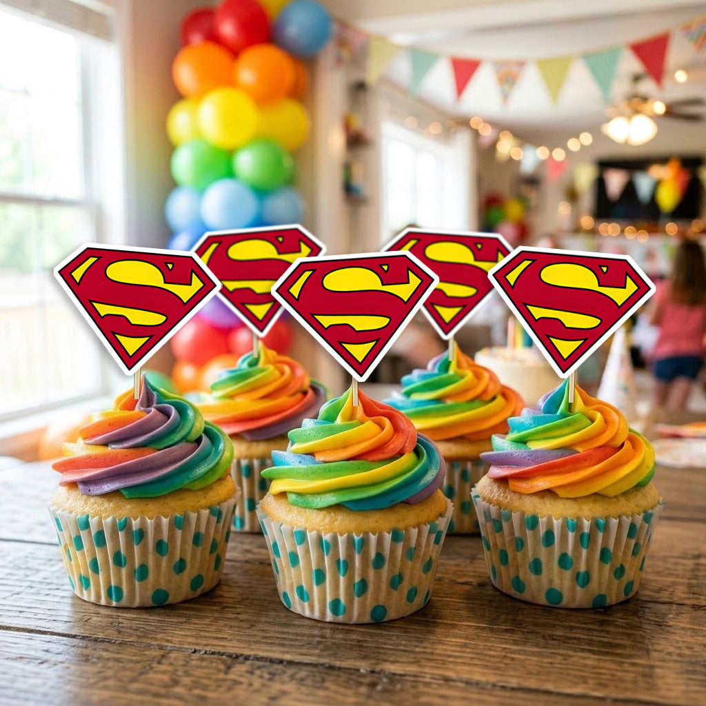 Superman Logo Theme cupcake toppers on decorated cupcakes