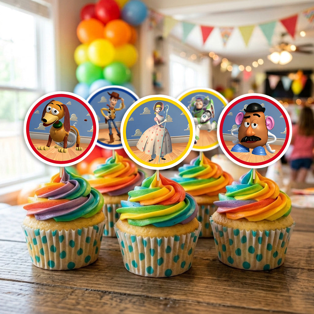 Toy Story Characters cupcake toppers on decorated cupcakes