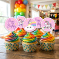 Unicorn Theme Birthday cupcake toppers on decorated cupcakes