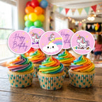 Unicorn Theme Birthday cupcake toppers on decorated cupcakes