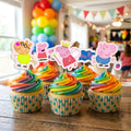 Peppa Pig Theme cupcake toppers on decorated cupcakes