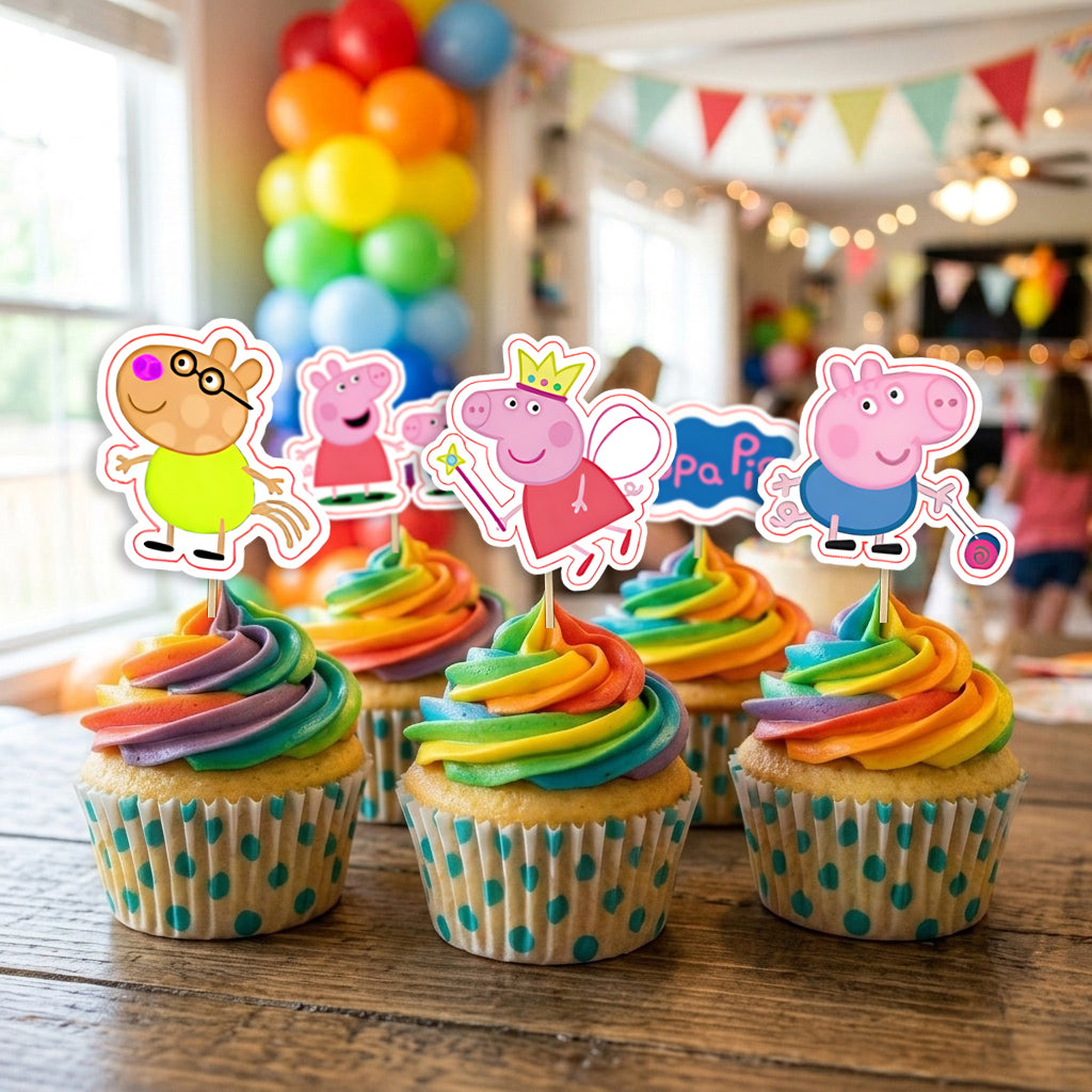 Peppa Pig Theme cupcake toppers on decorated cupcakes