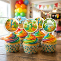 Dinosaur Theme cupcake toppers on decorated cupcakes