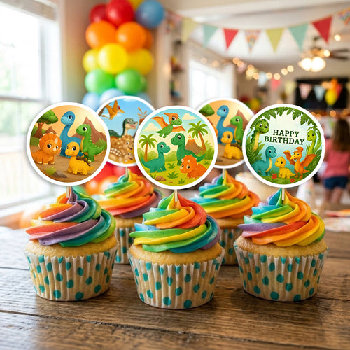 Dinosaur Theme cupcake toppers on decorated cupcakes