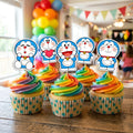 Doraemon Theme cupcake toppers on decorated cupcakes
