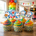 Doraemon cupcake toppers on decorated cupcakes