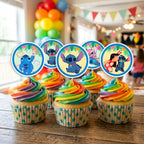 Stitch Theme cupcake toppers on decorated cupcakes