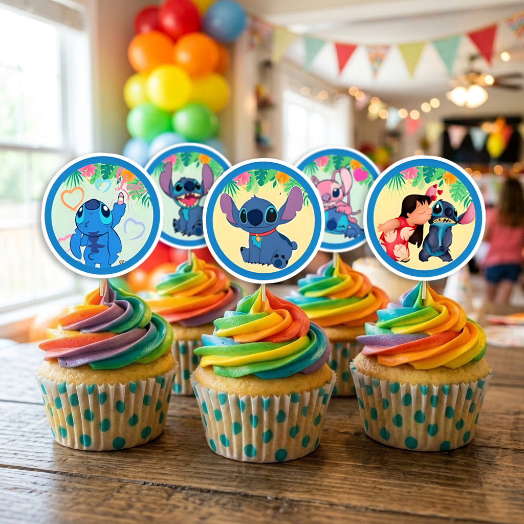 Stitch Theme cupcake toppers on decorated cupcakes