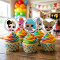 LOL Surprise Theme cupcake toppers on decorated cupcakes