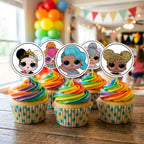 LOL Surprise Theme cupcake toppers on decorated cupcakes