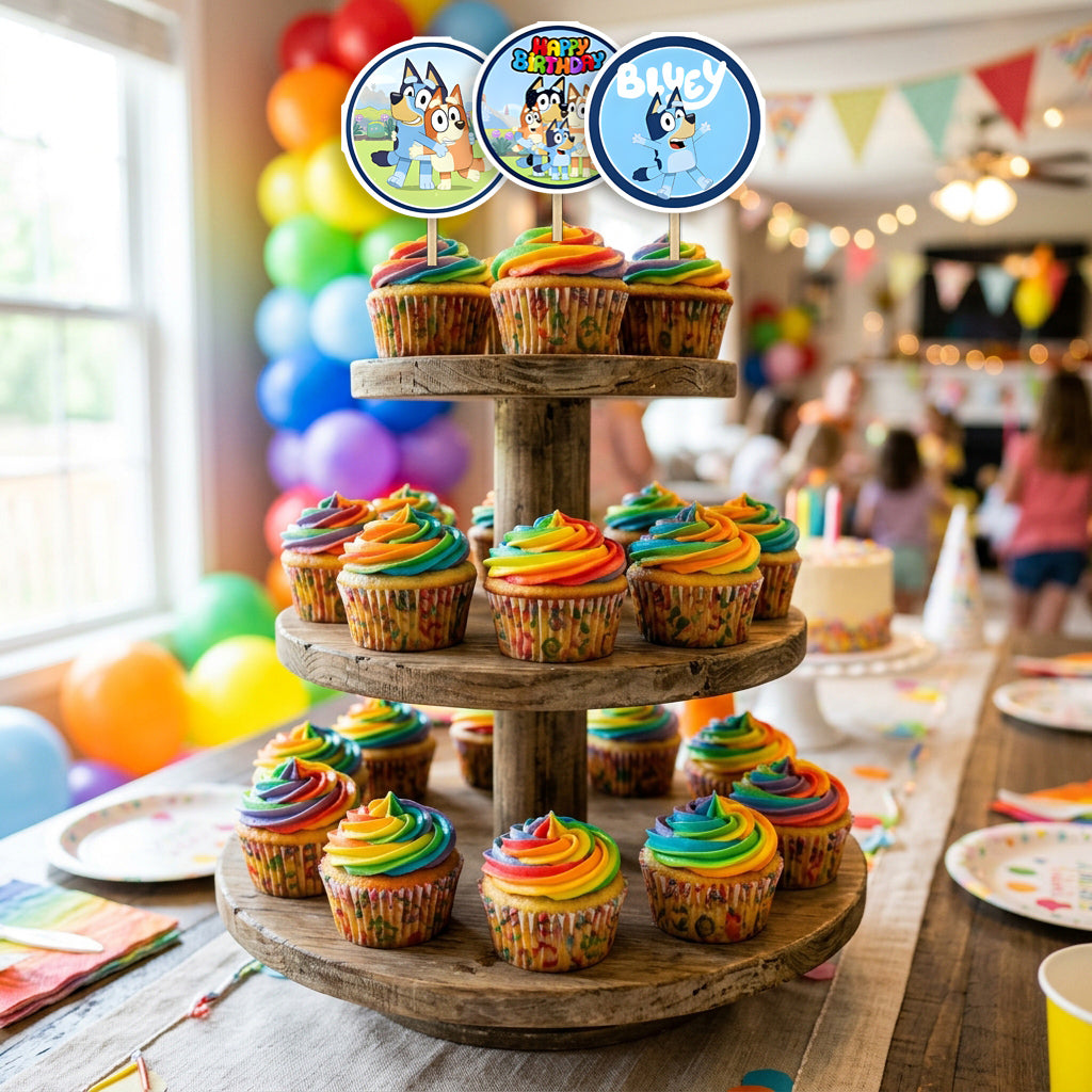 Bluey Theme cupcake toppers party table scene