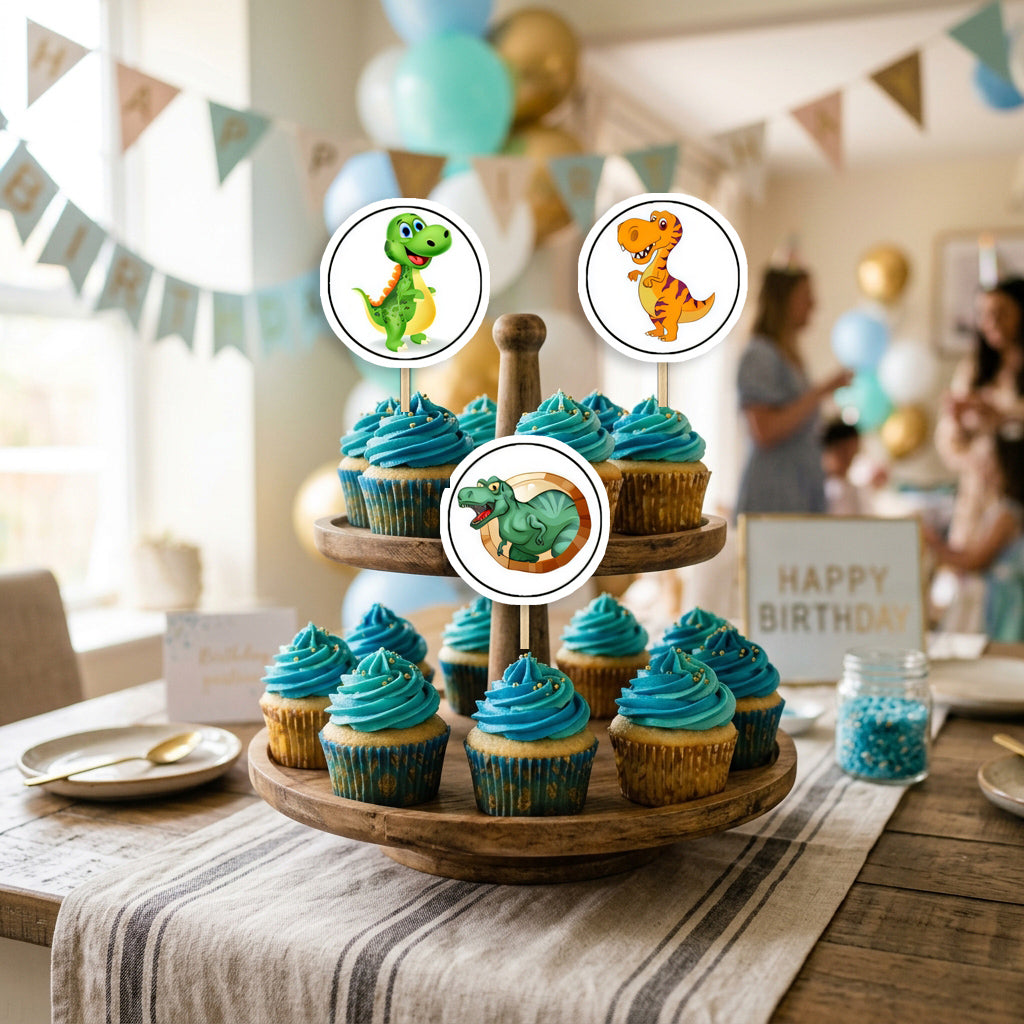 Dinosaur cupcake toppers party table scene
