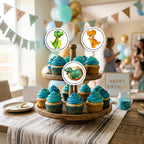 Dinosaur cupcake toppers party table scene