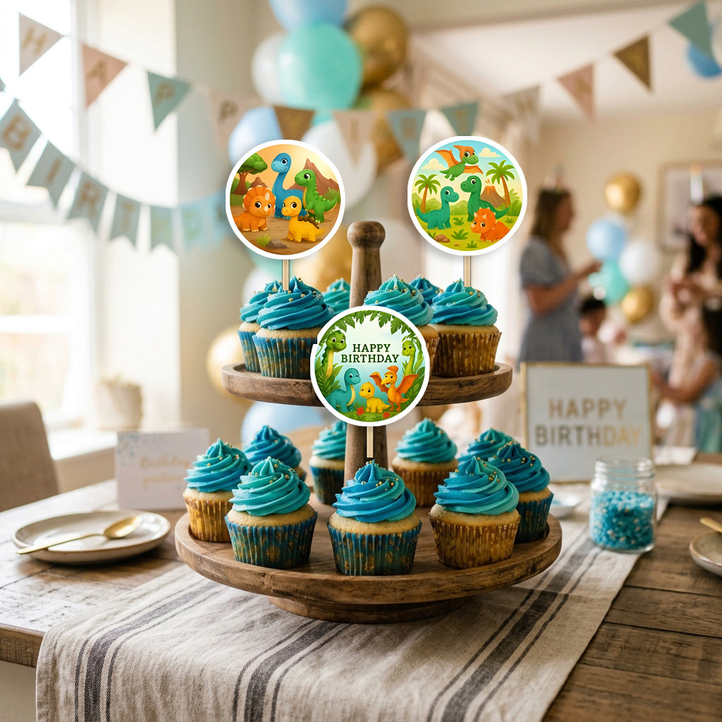 Dinosaur Theme cupcake toppers party table scene