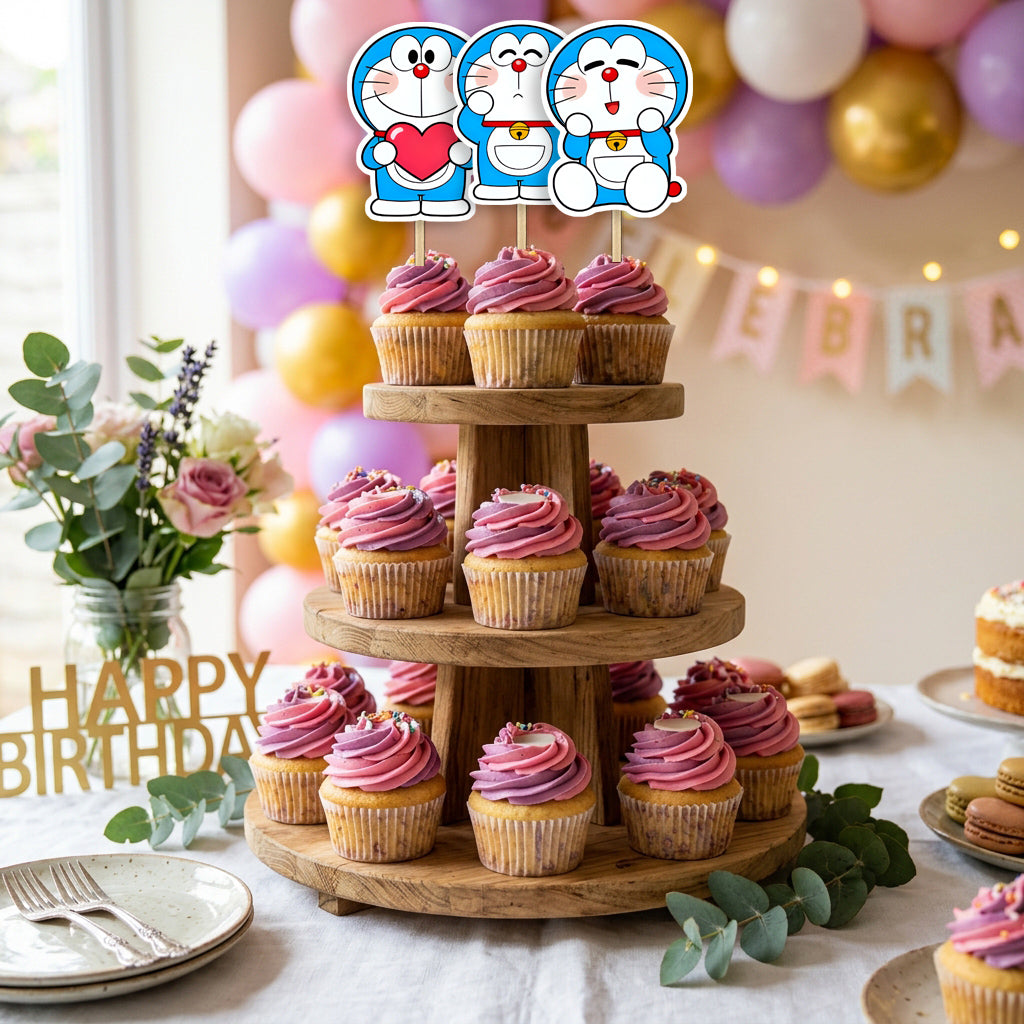 Doraemon Theme cupcake toppers party table scene