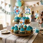 Doraemon cupcake toppers party table scene