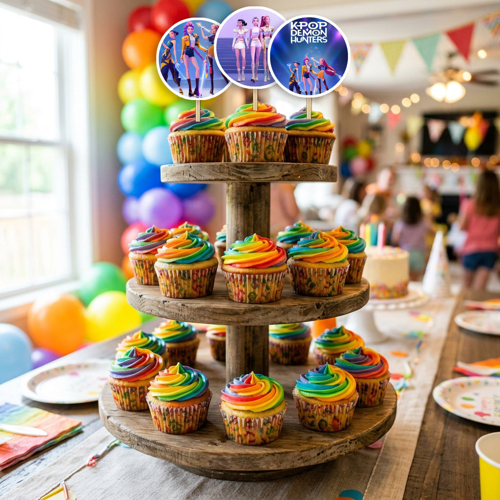 Kpop Demon Hunters cupcake toppers party table scene