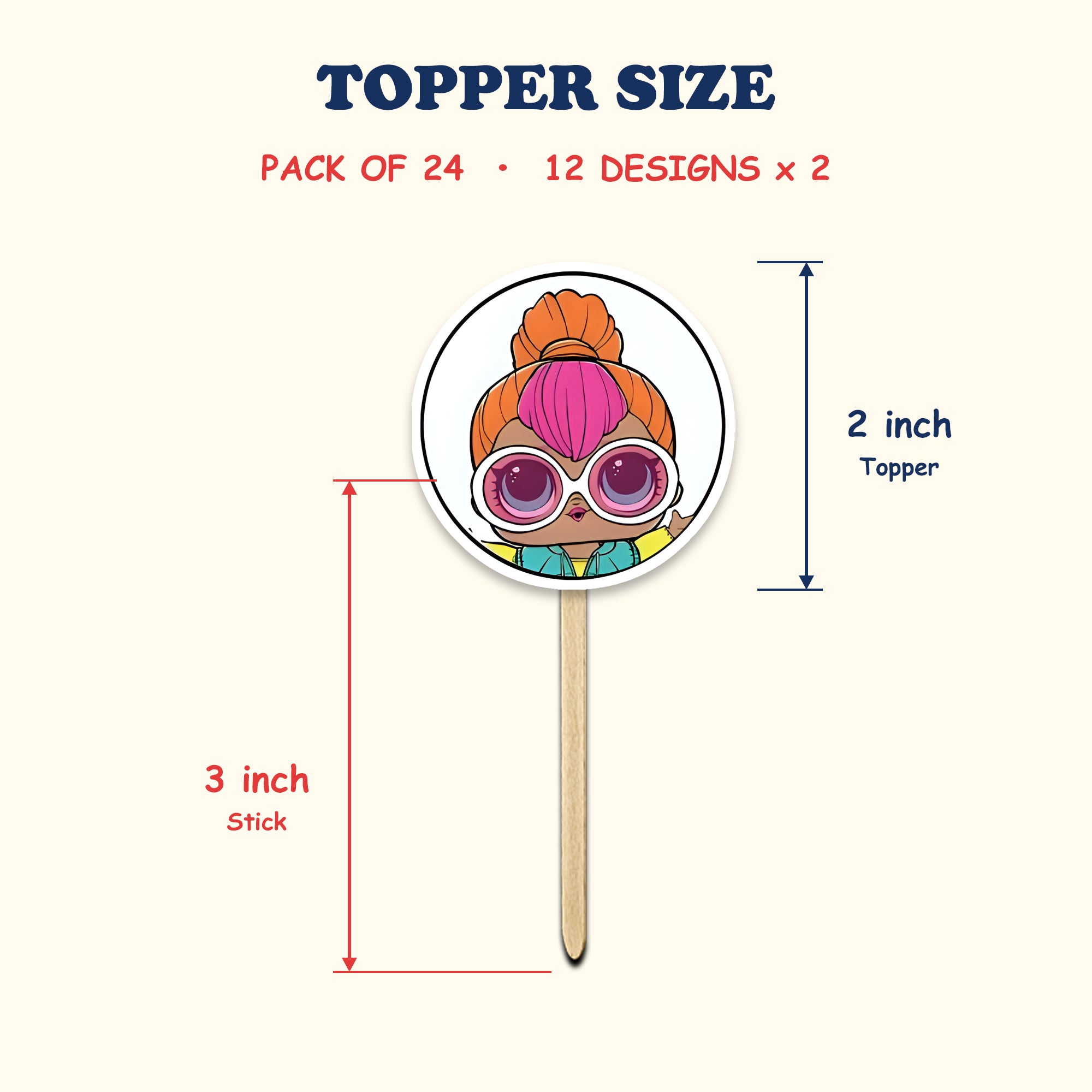 LOL Surprise Theme cupcake toppers size chart