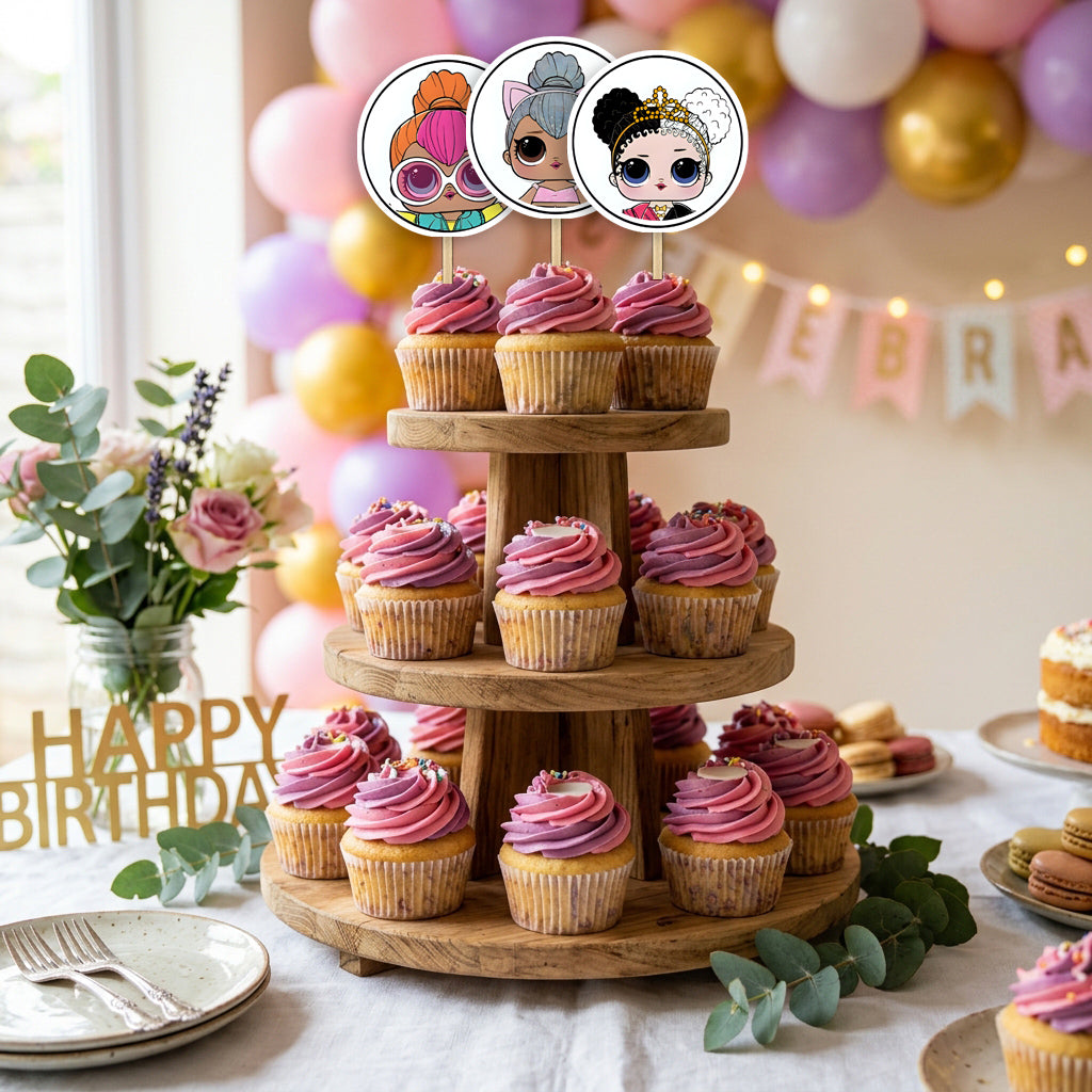 LOL Surprise Theme cupcake toppers party table scene