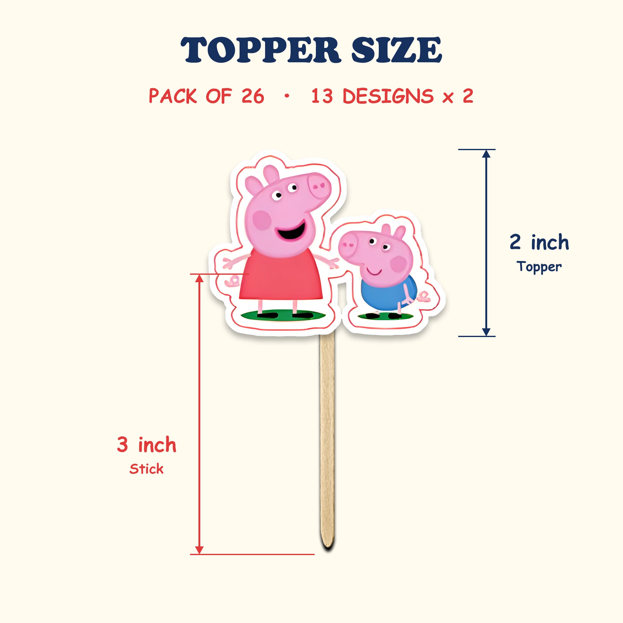 Peppa Pig Theme cupcake toppers size chart