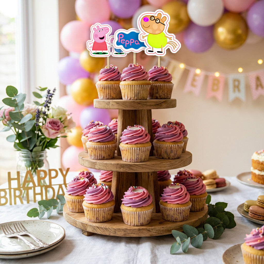 Peppa Pig Theme cupcake toppers party table scene