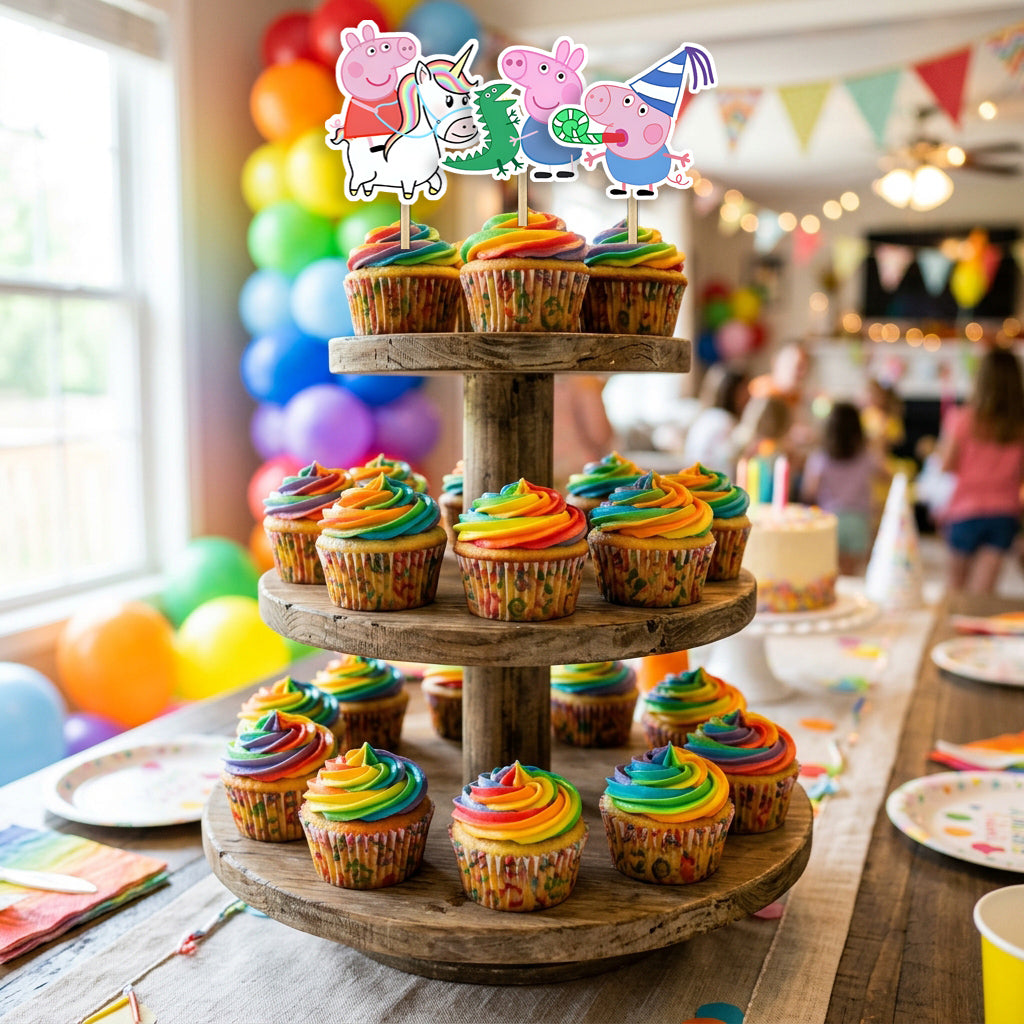 Peppa Pig cupcake toppers party table scene