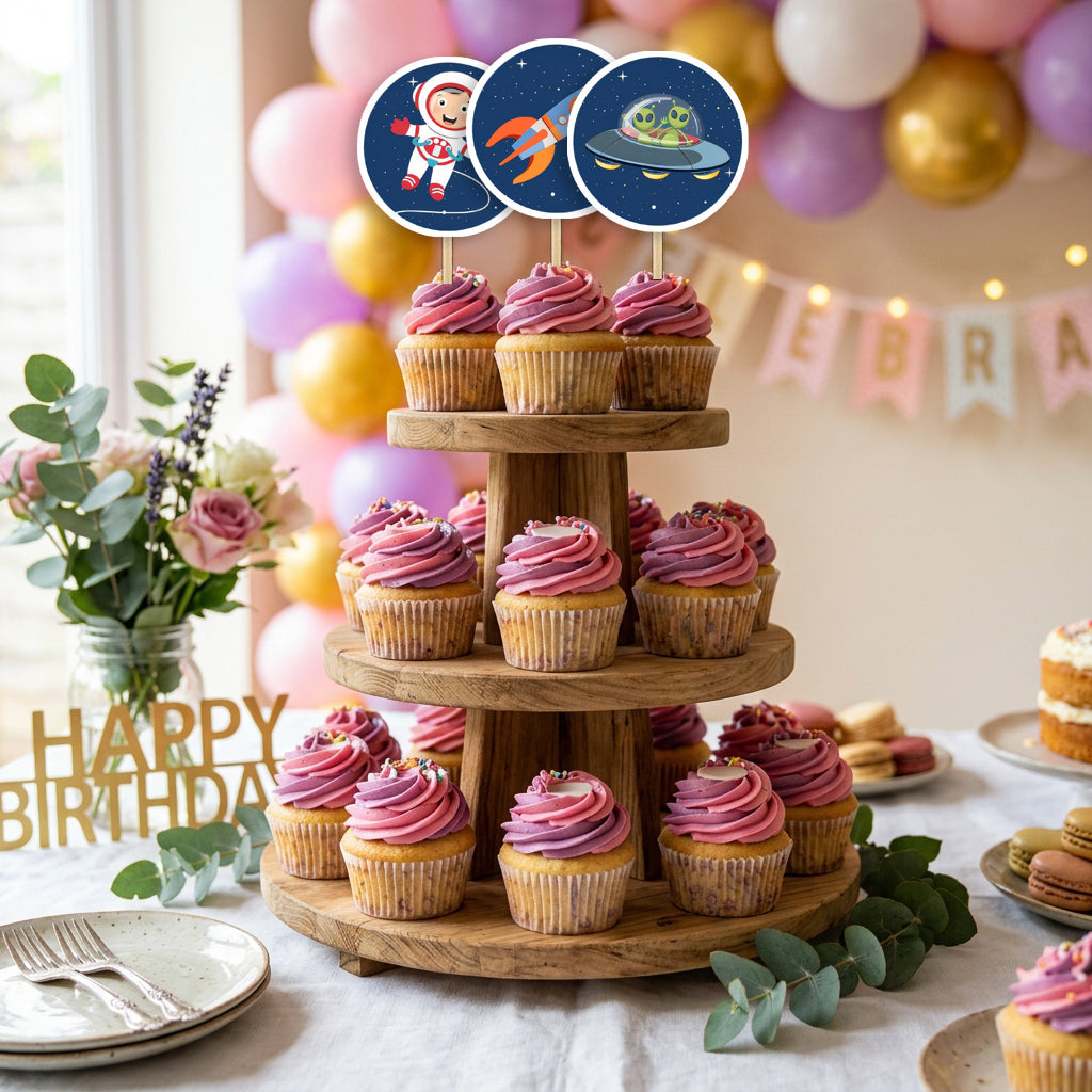 Space Astronaut cupcake toppers party table scene