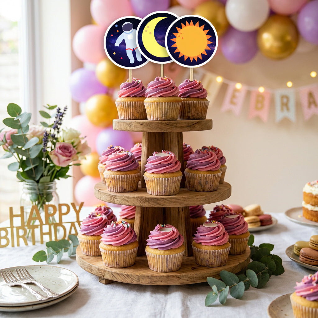 Space Galaxy cupcake toppers party table scene