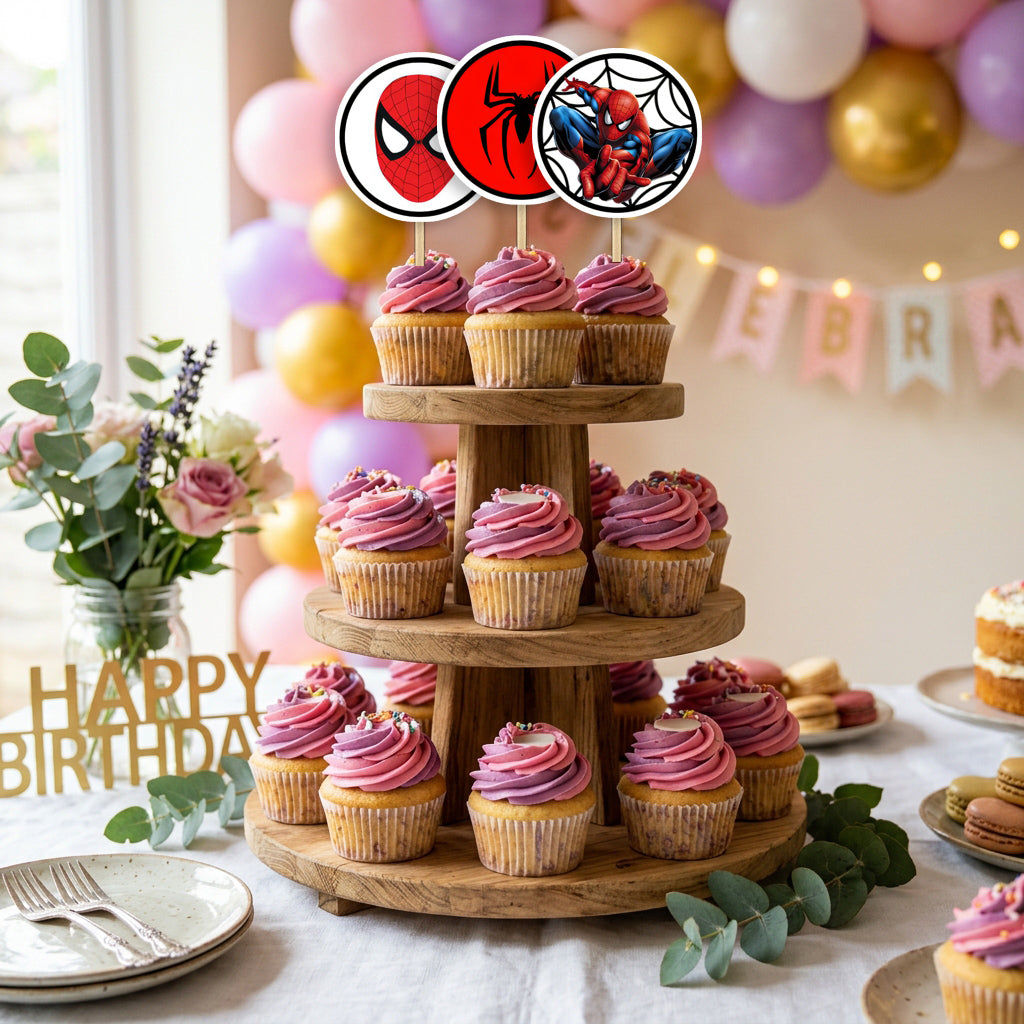 Spiderman cupcake toppers party table scene