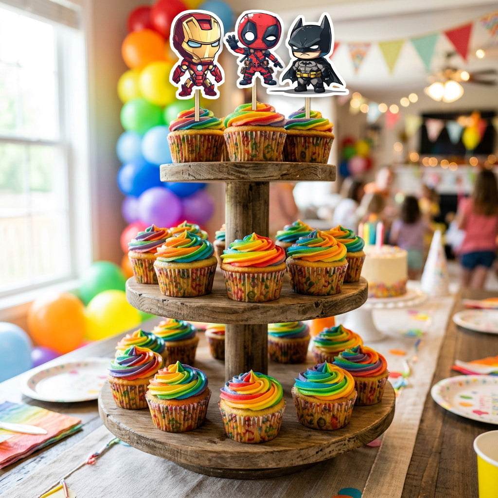 Superhero cupcake toppers party table scene