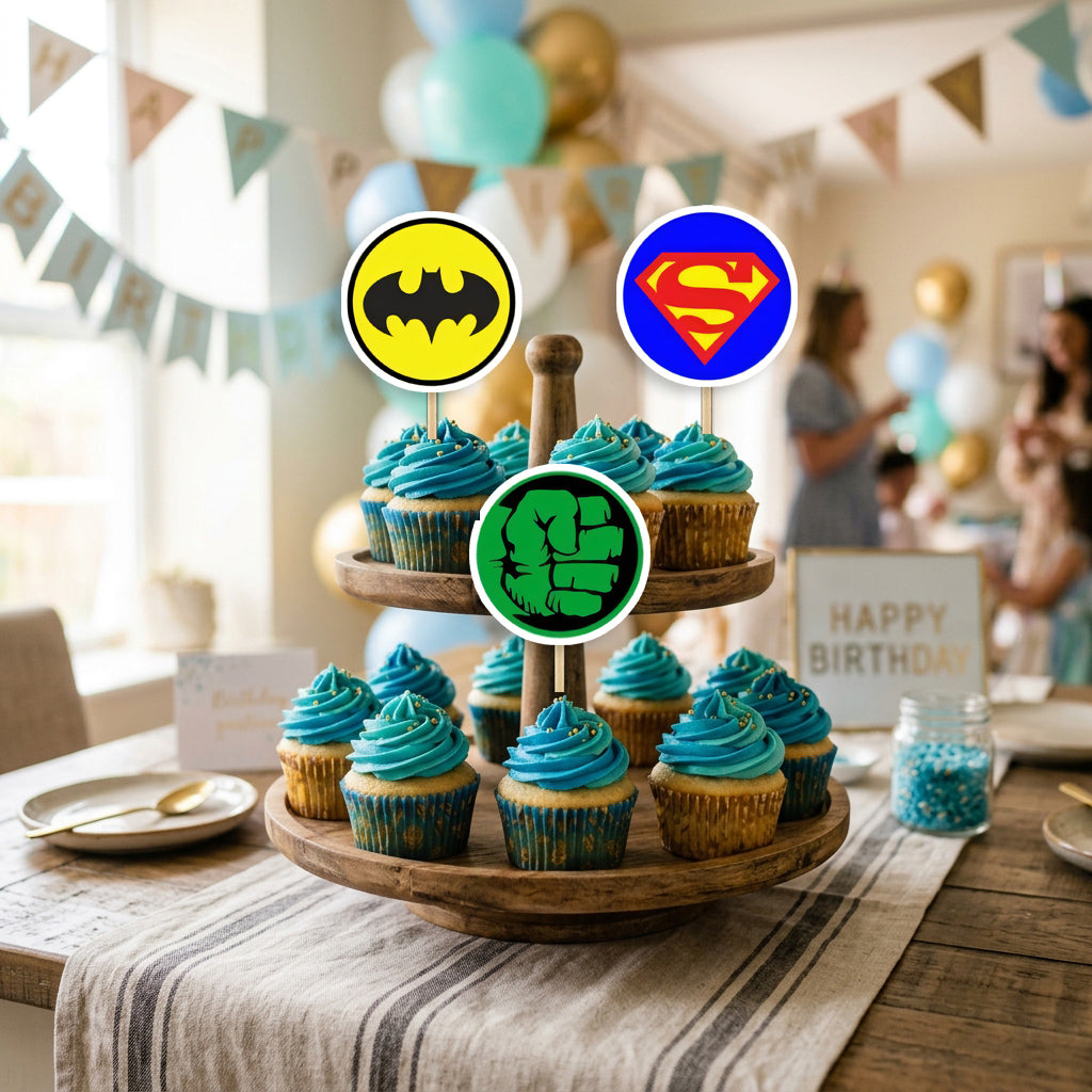 Superhero Logo cupcake toppers party table scene