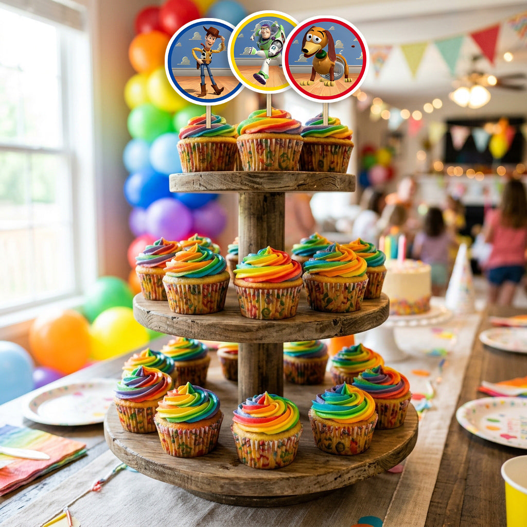 Toy Story Characters cupcake toppers party table scene