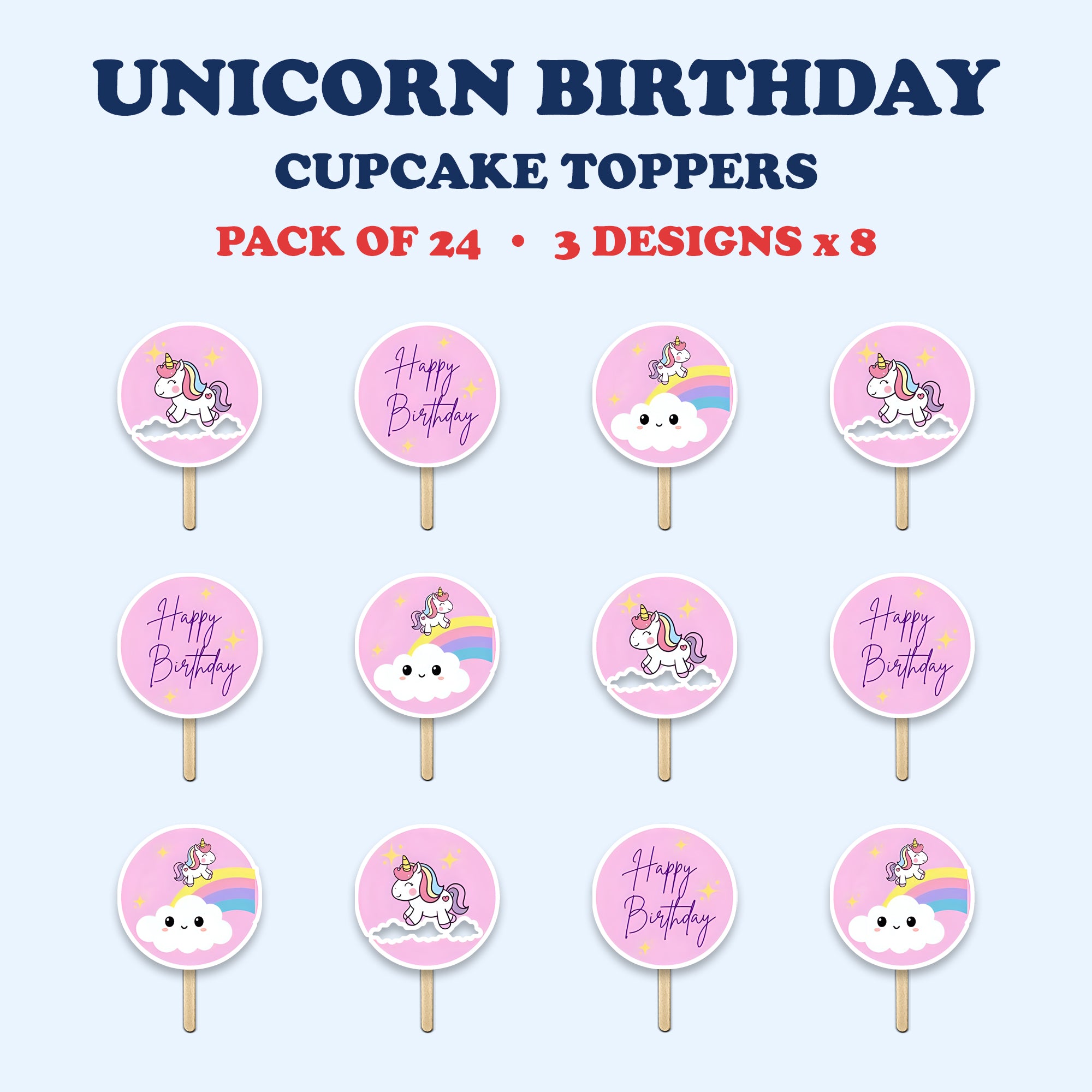 Unicorn Theme Birthday cupcake toppers full design catalog