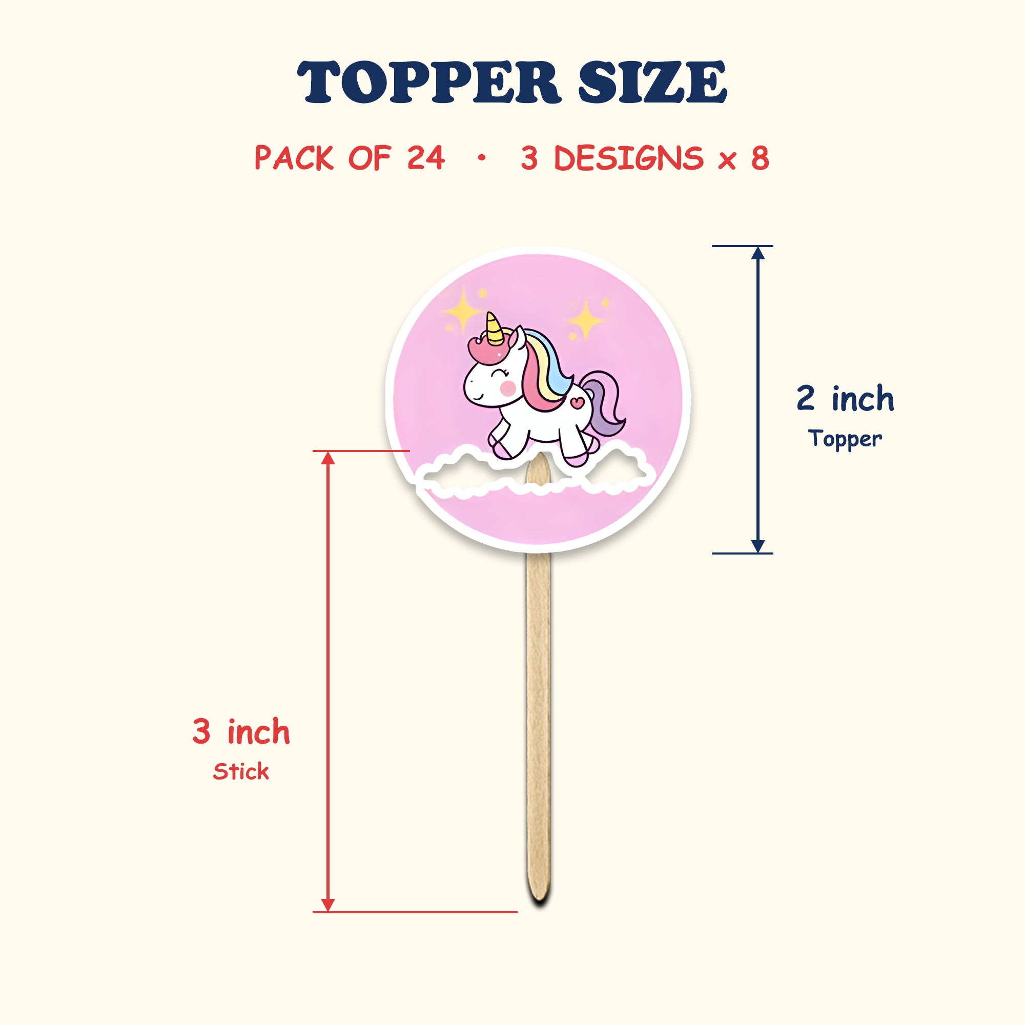 Unicorn Theme Birthday cupcake toppers size chart