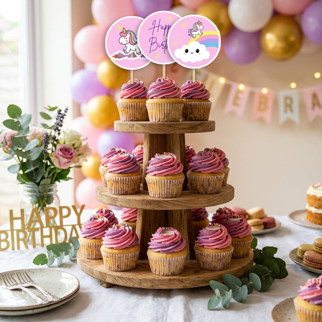 Unicorn Theme Birthday cupcake toppers party table scene