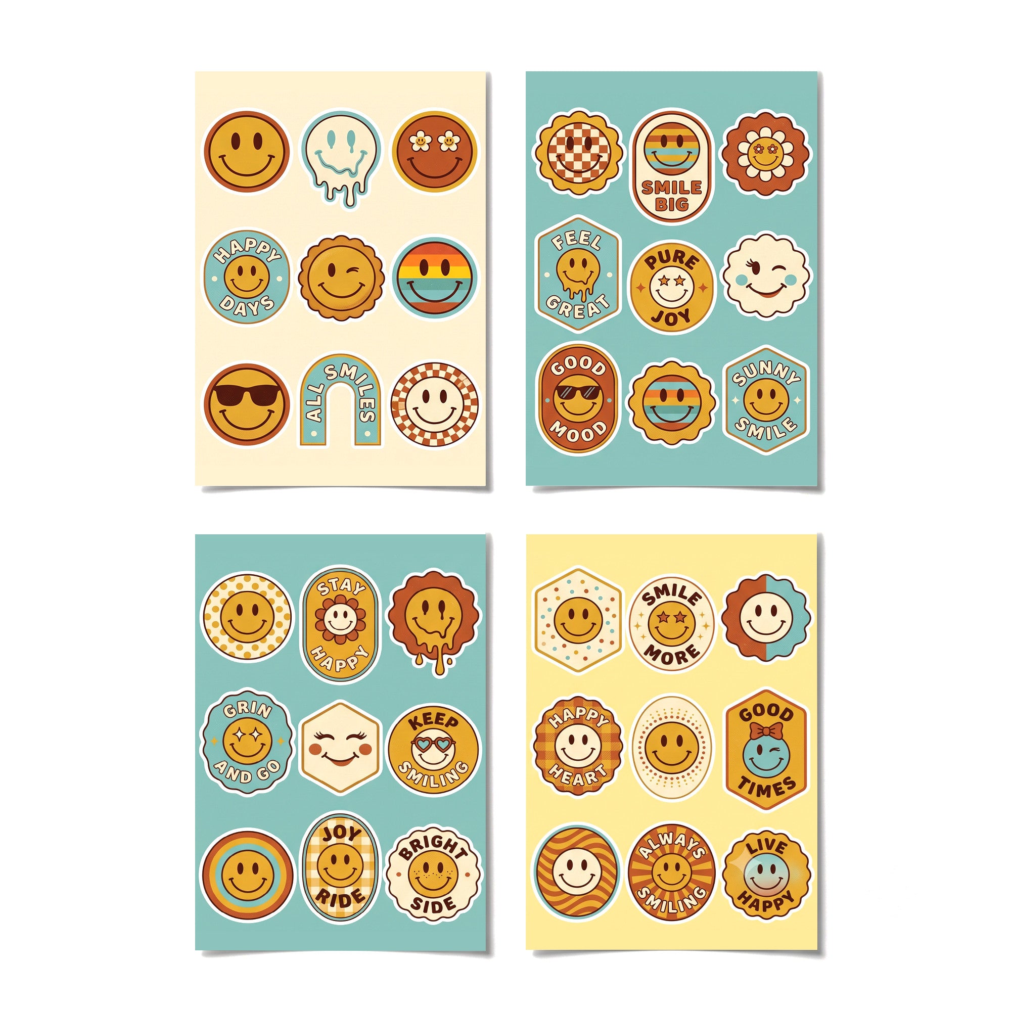 Retro Smiley Badge Stickers – 4x6 inch Cute Sticker Sheets (Pack of 4) | Smiley Badges for Journals, Planners, Reward Charts, School Projects & More